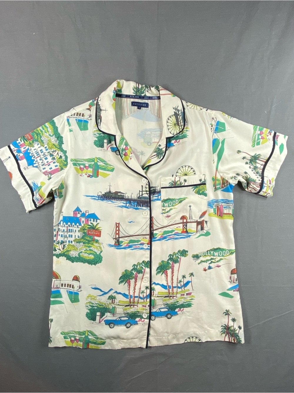 Katie Kime Vintage-Style Cream Scenic Print Short-Sleeve Shirt size S